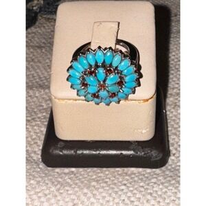 925 Sterling‎ Silver Turquoise Garnet Flower Ring Cluster Statement Ring